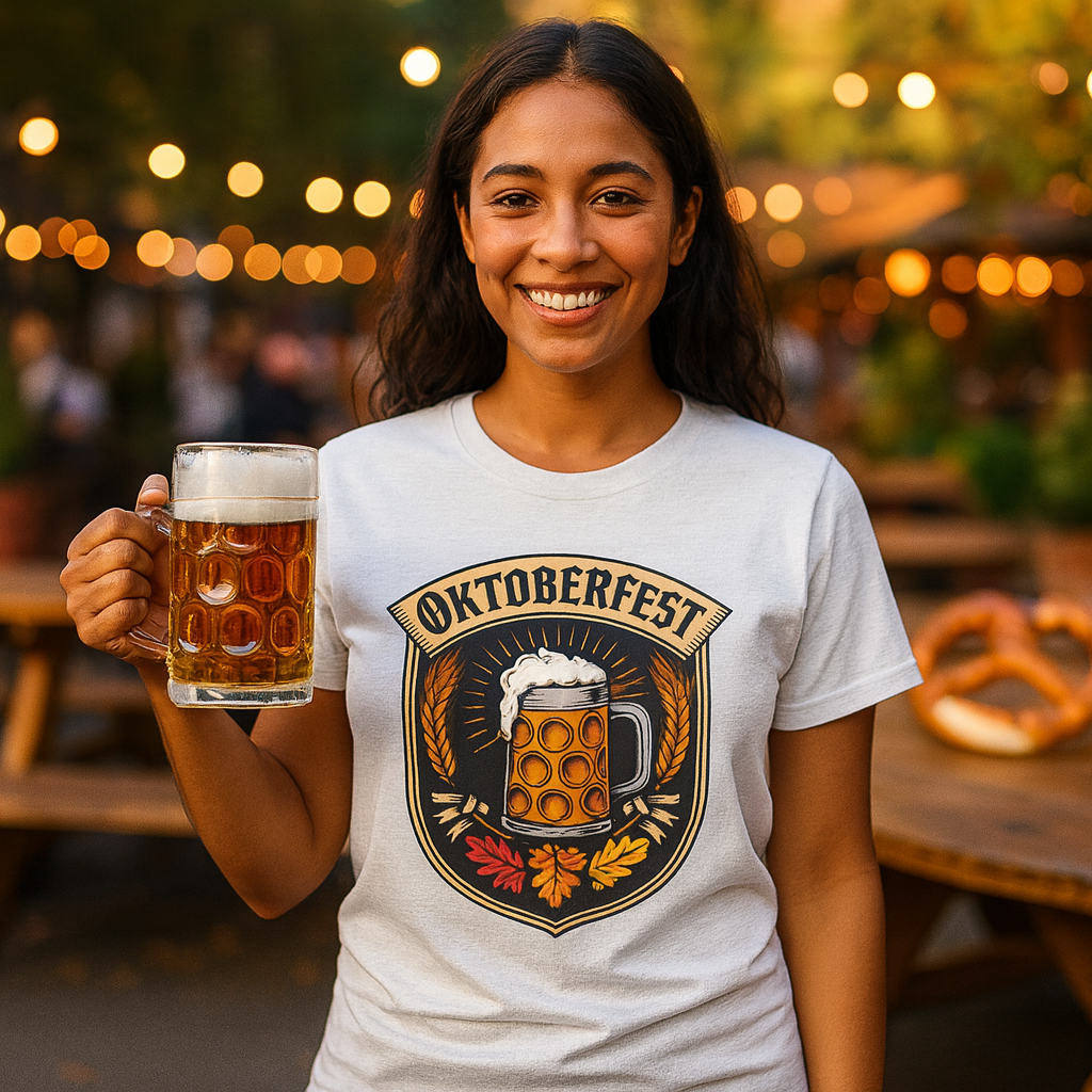Woman wearing an Oktoberfest-themed t-shirt and holding a beer mug outdoors.