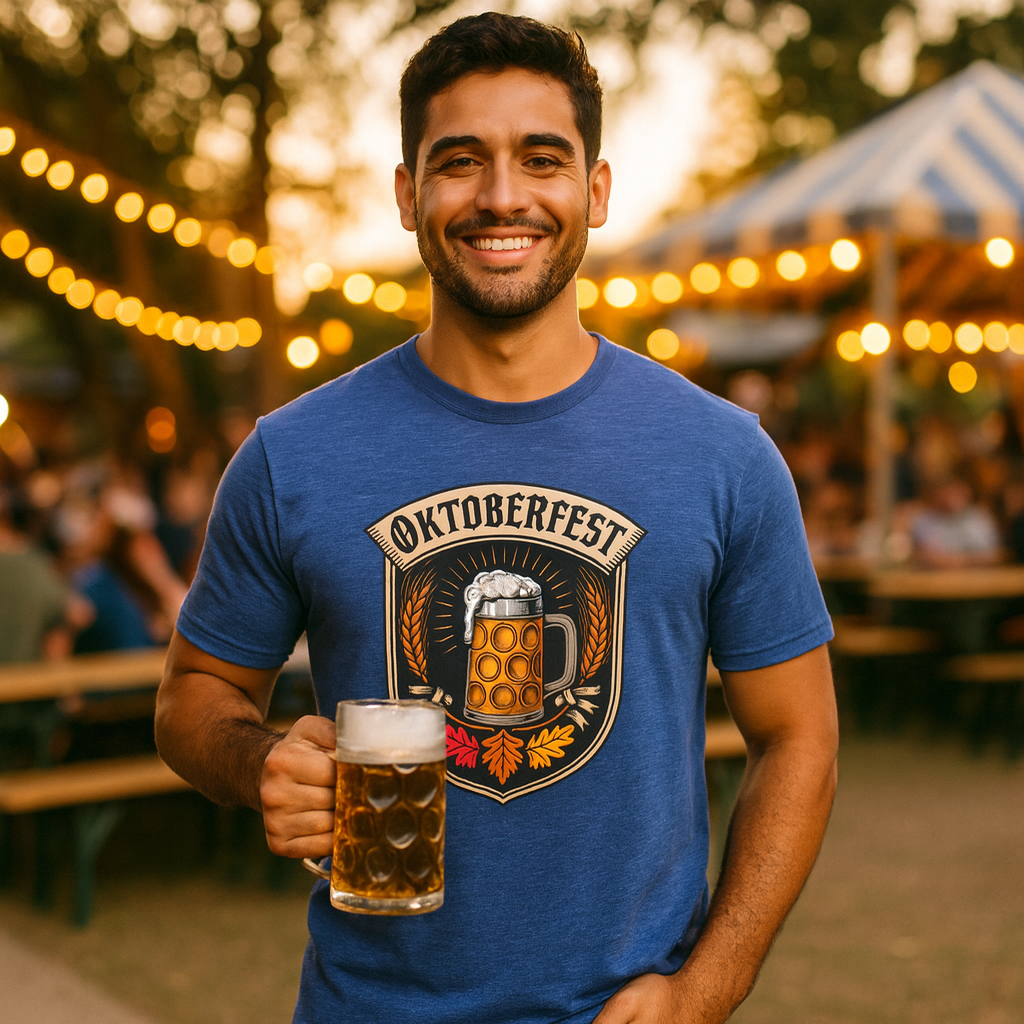 Man wearing an Oktoberfest t-shirt holding a beer mug in a festive outdoor setting.