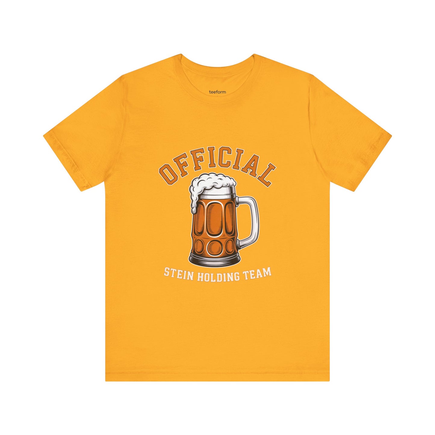 Yellow t-shirt with a graphic of a beer stein and text 'Official Stein Holding Team' 