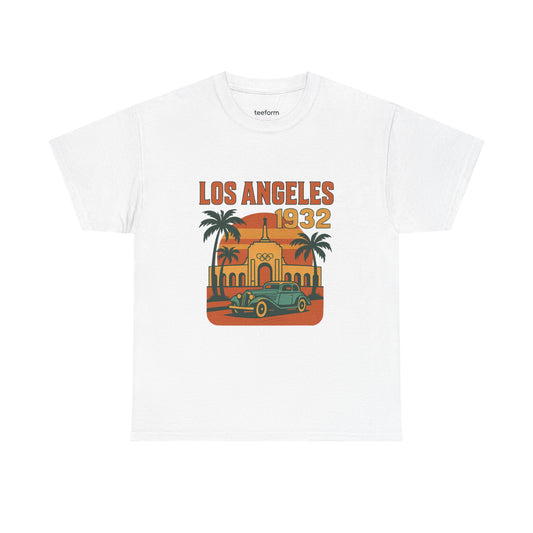 Vintage Los Angeles 1932 Olympics t-shirt featuring the LA Memorial Coliseum, palm trees, and a retro car design on a white tee