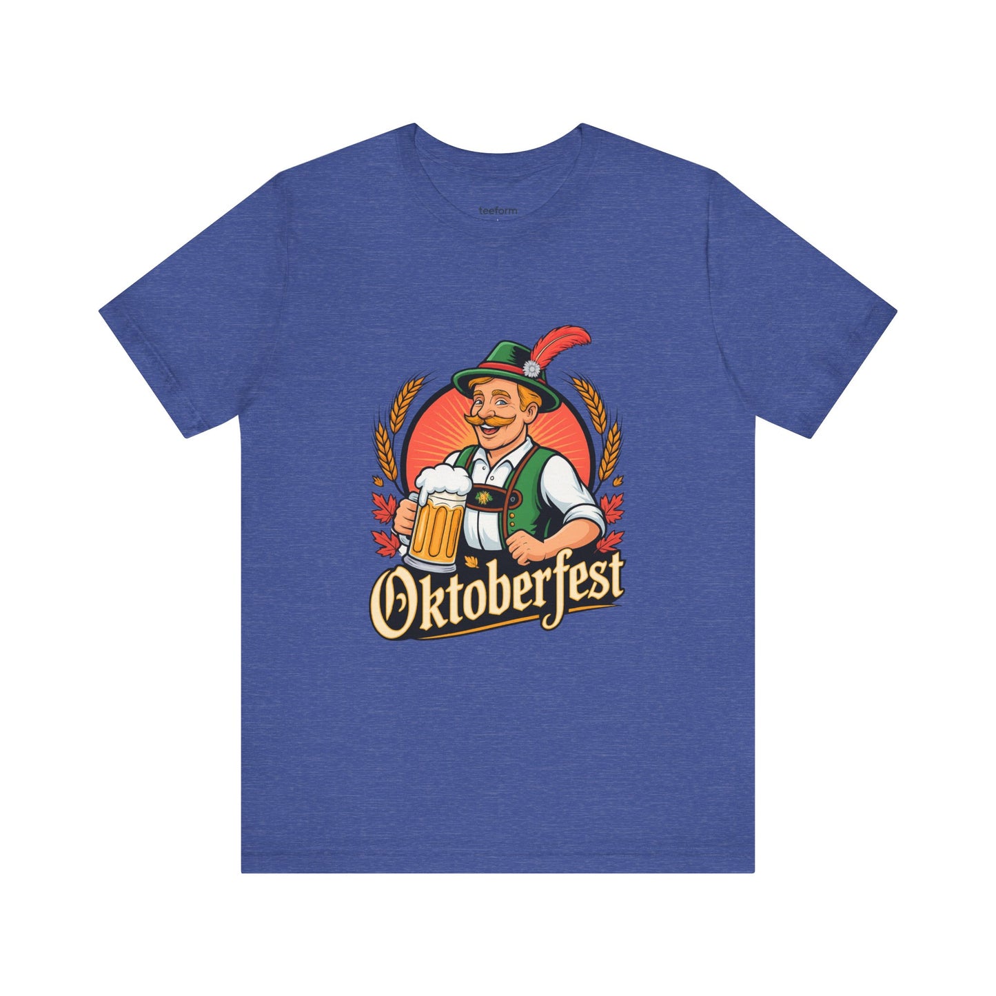 Blue t-shirt with Oktoberfest graphic featuring a traditional Bavarian man and beer mug design