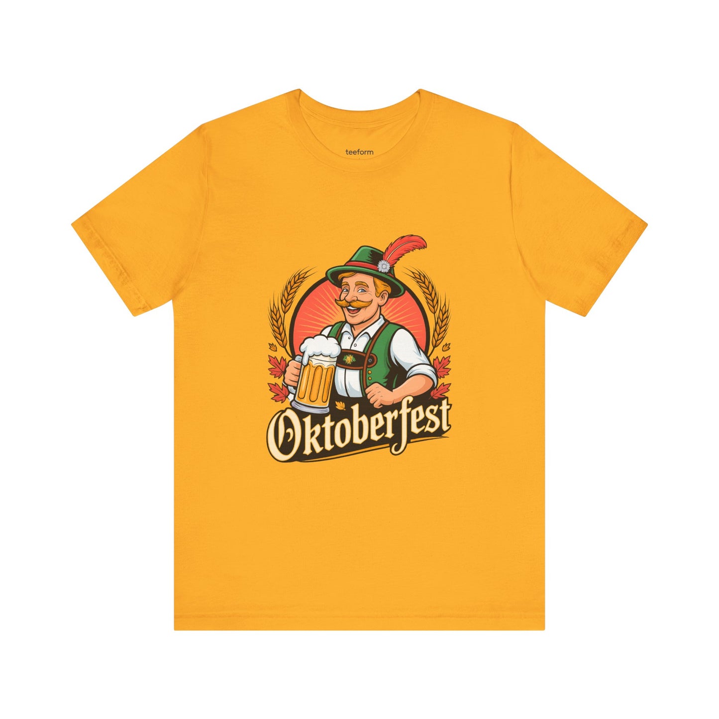 Yellow t-shirt with Oktoberfest graphic featuring a traditional Bavarian man and beer mug design