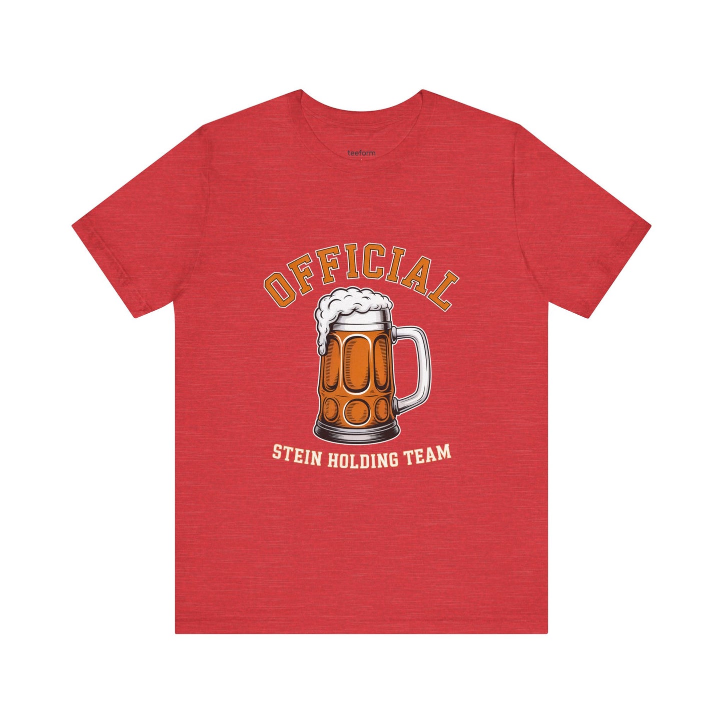 Red t-shirt with a graphic of a beer stein and text 'Official Stein Holding Team' 