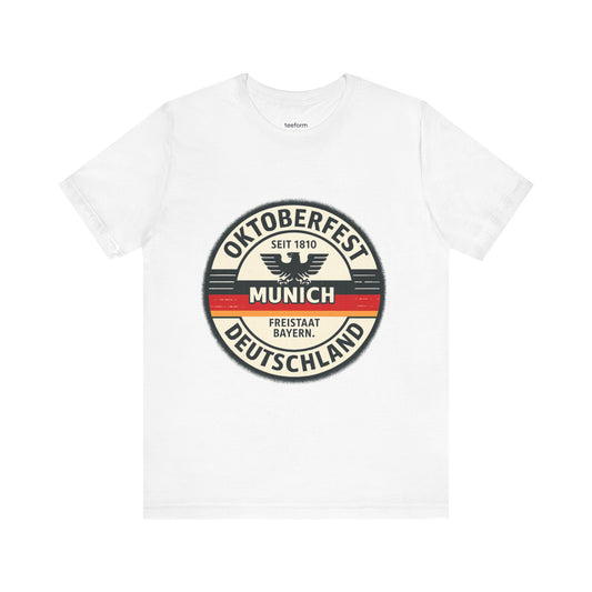 White t-shirt with Oktoberfest Munich design on a white background