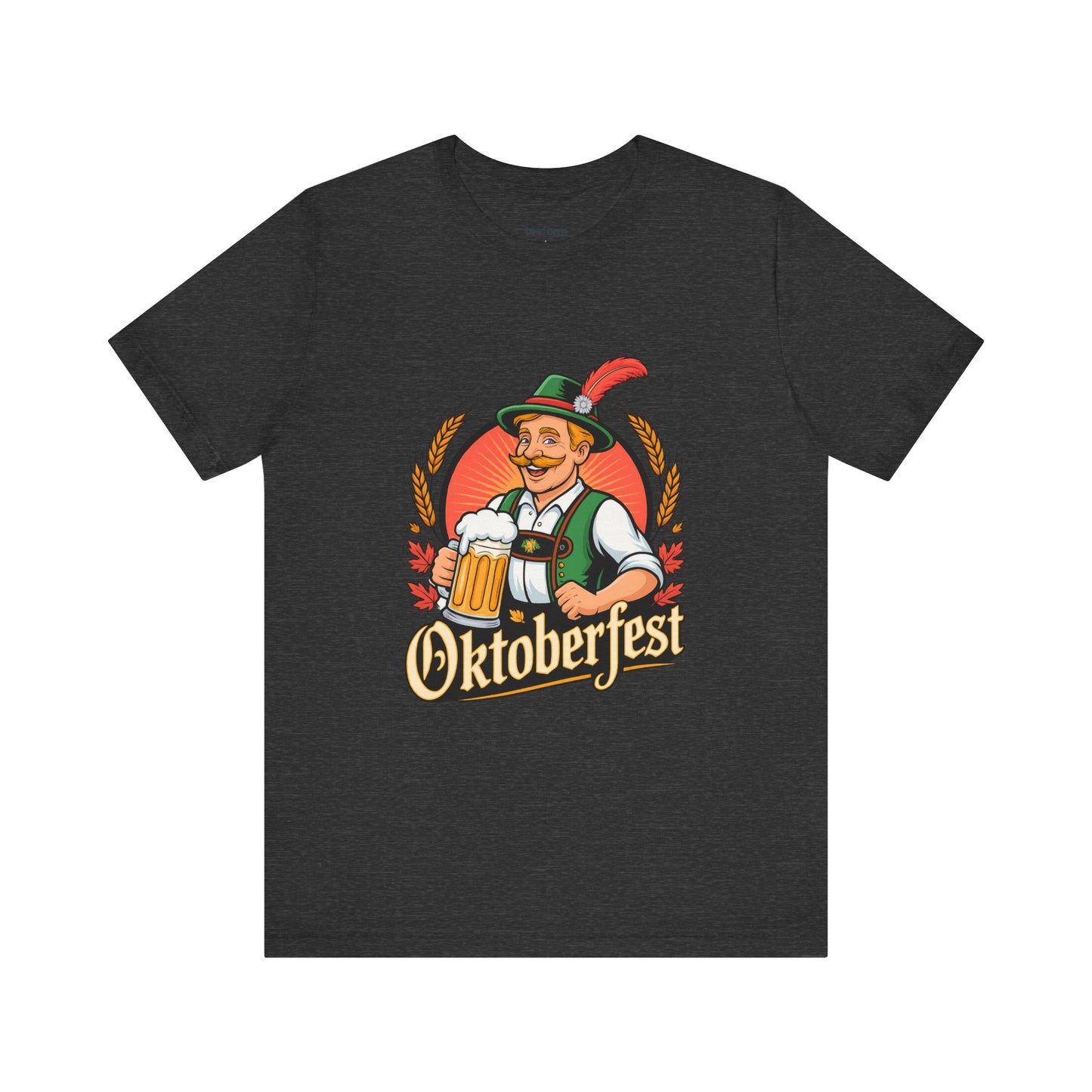 Black t-shirt with Oktoberfest graphic featuring a traditional Bavarian man and beer mug design