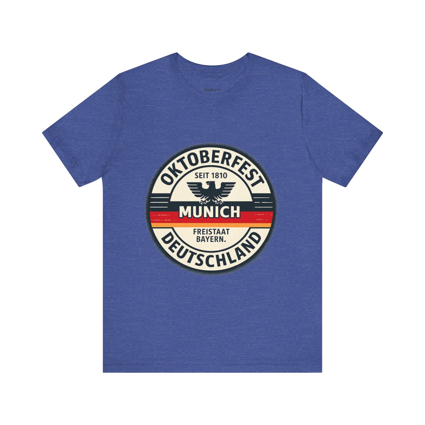 Blue t-shirt with Oktoberfest Munich design on a white background