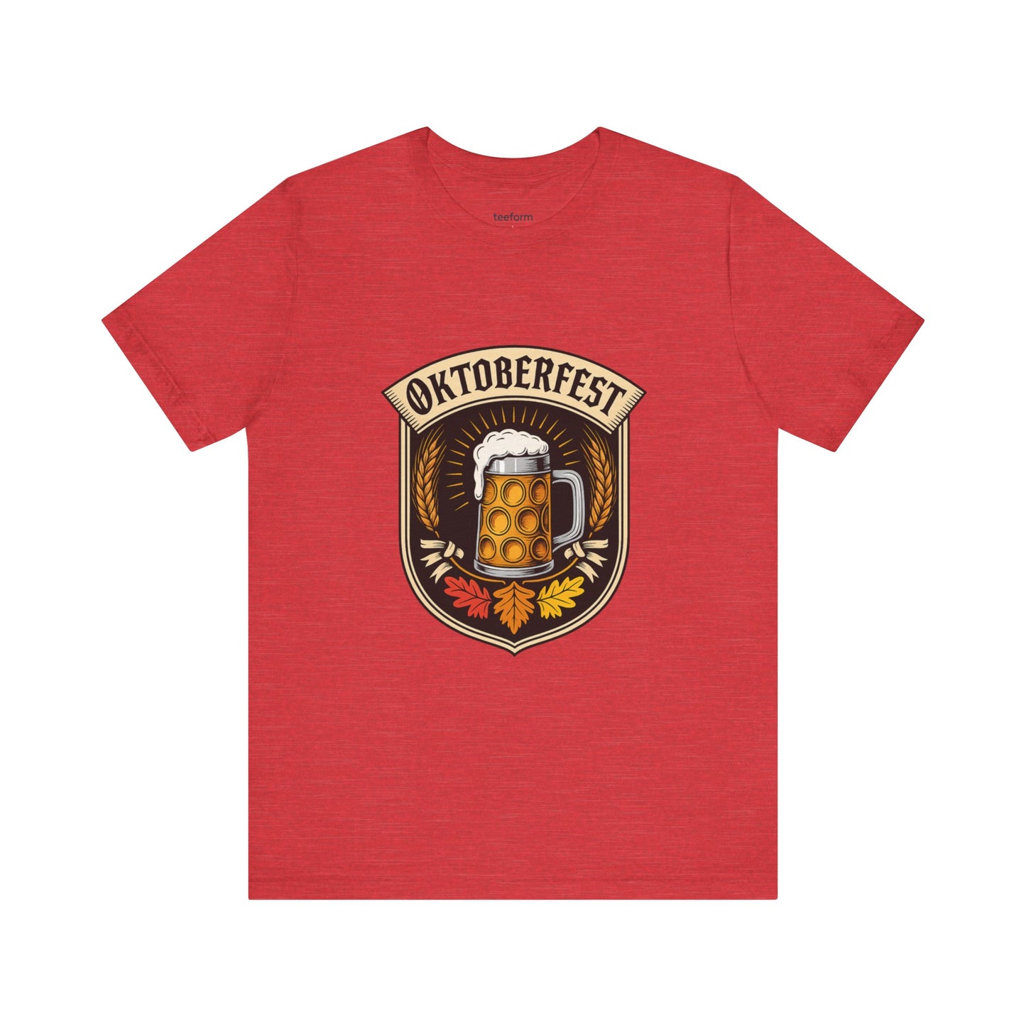Red t-shirt with Oktoberfest design featuring a beer mug 