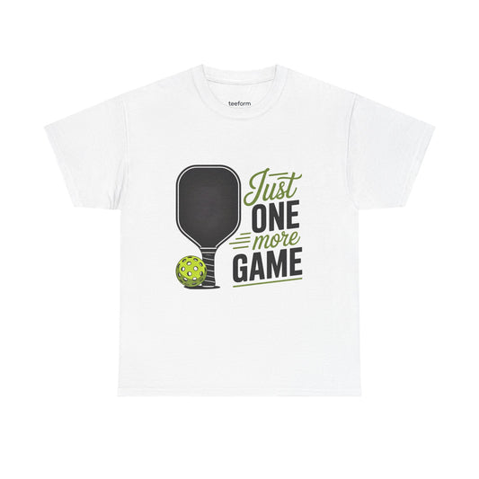 White t-shirt with pickleball graphic and text 'Just One More Game'