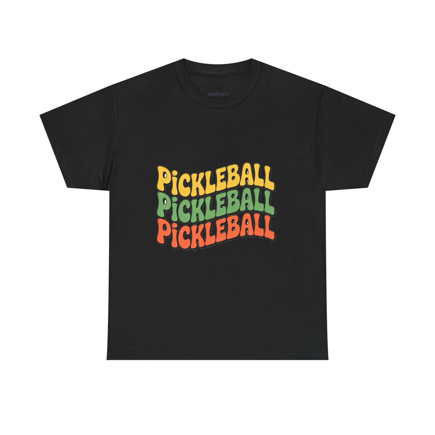 Black t-shirt with 'Pickleball' text in colorful letters
