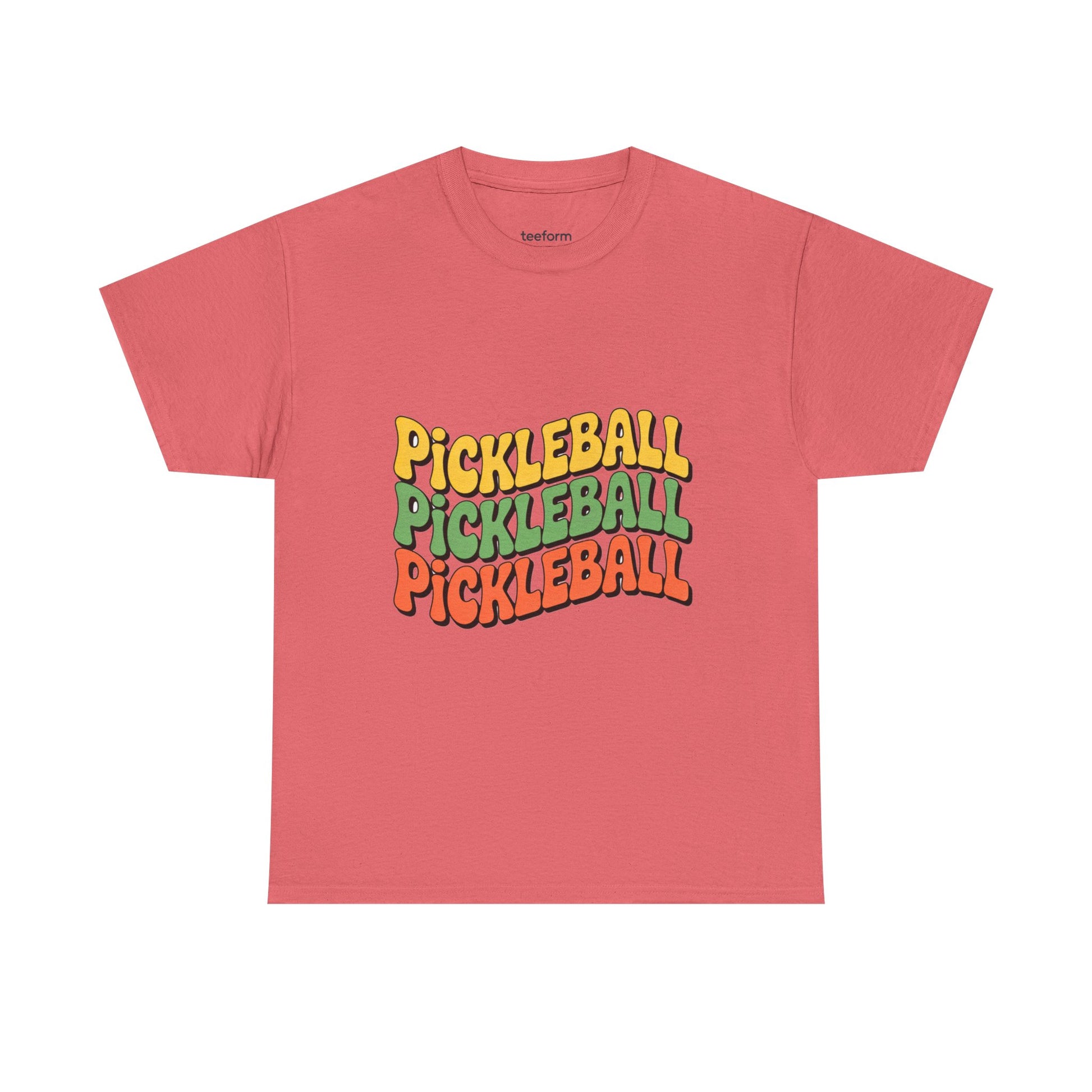 Red t-shirt with 'Pickleball' text in multiple colors 