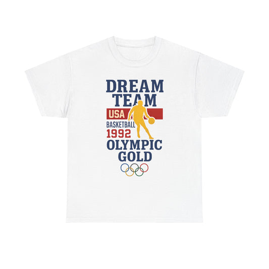 White T-shirt with Dream Team USA Basketball 1992 Olympic Gold design and Olympic rings