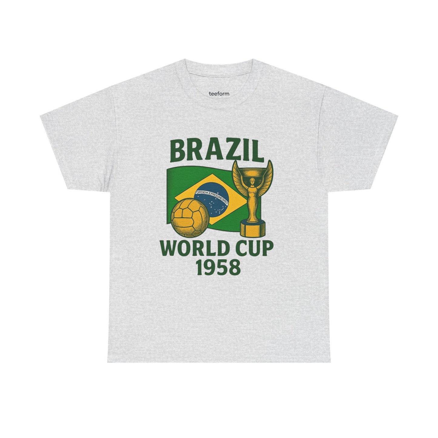 Ash Vintage Brazil 1958 World Cup t-shirt with flag, trophy, and soccer ball 