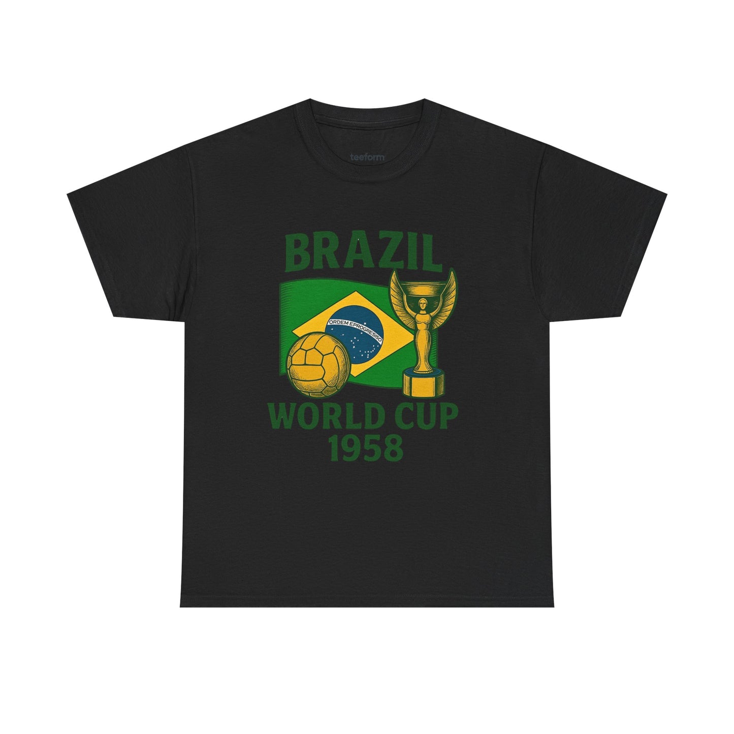 Black Vintage Brazil 1958 World Cup t-shirt with flag, trophy, and soccer ball 