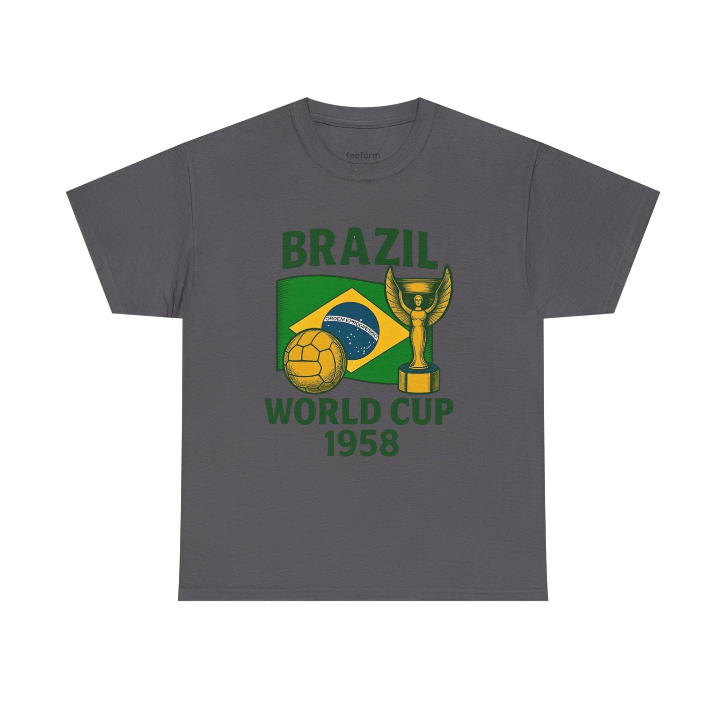 Charcoal Vintage Brazil 1958 World Cup t-shirt with flag, trophy, and soccer ball 