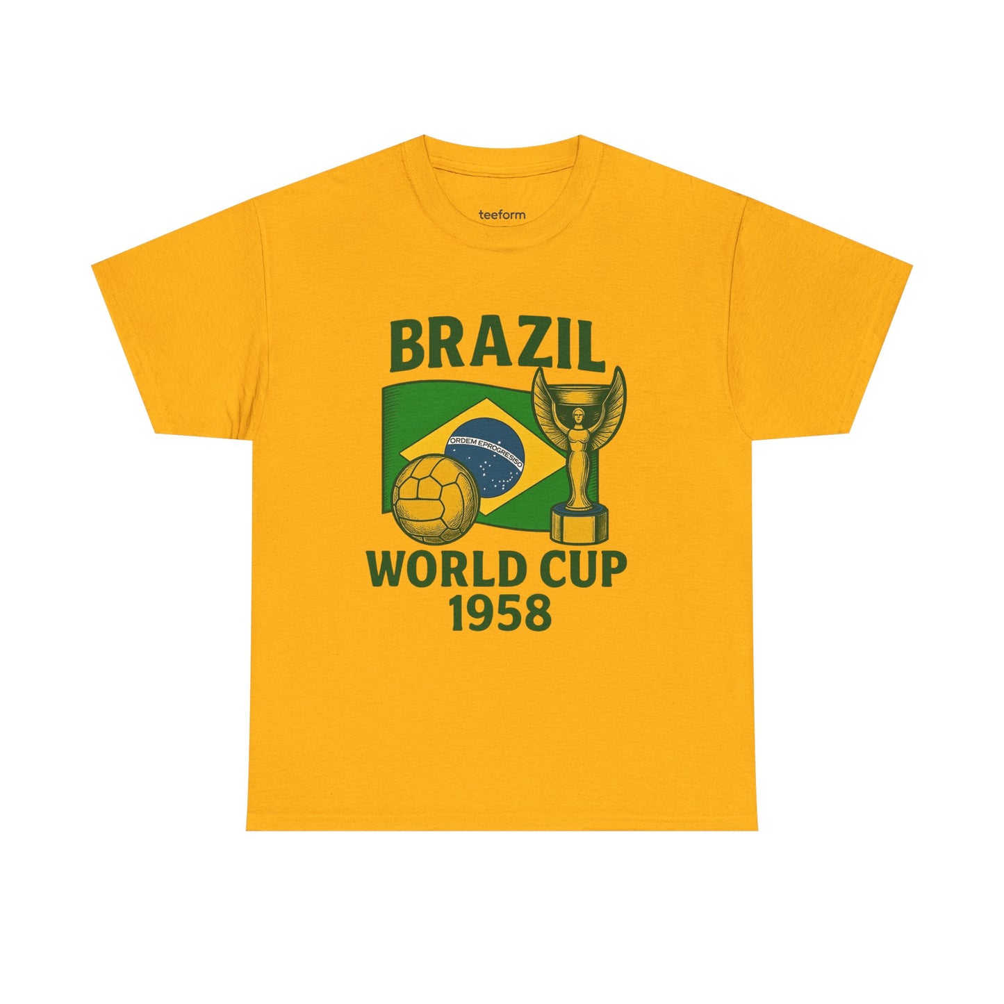 Gold Vintage Brazil 1958 World Cup t-shirt with flag, trophy, and soccer ball 