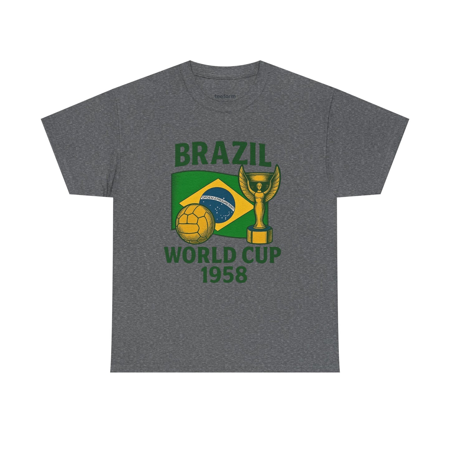 Graphite Heather Vintage Brazil 1958 World Cup t-shirt with flag, trophy, and soccer ball 