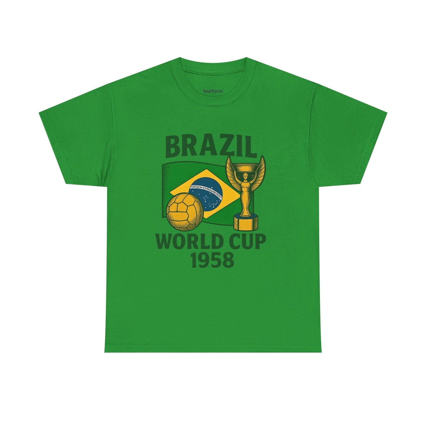 Green Vintage Brazil 1958 World Cup t-shirt with flag, trophy, and soccer ball 