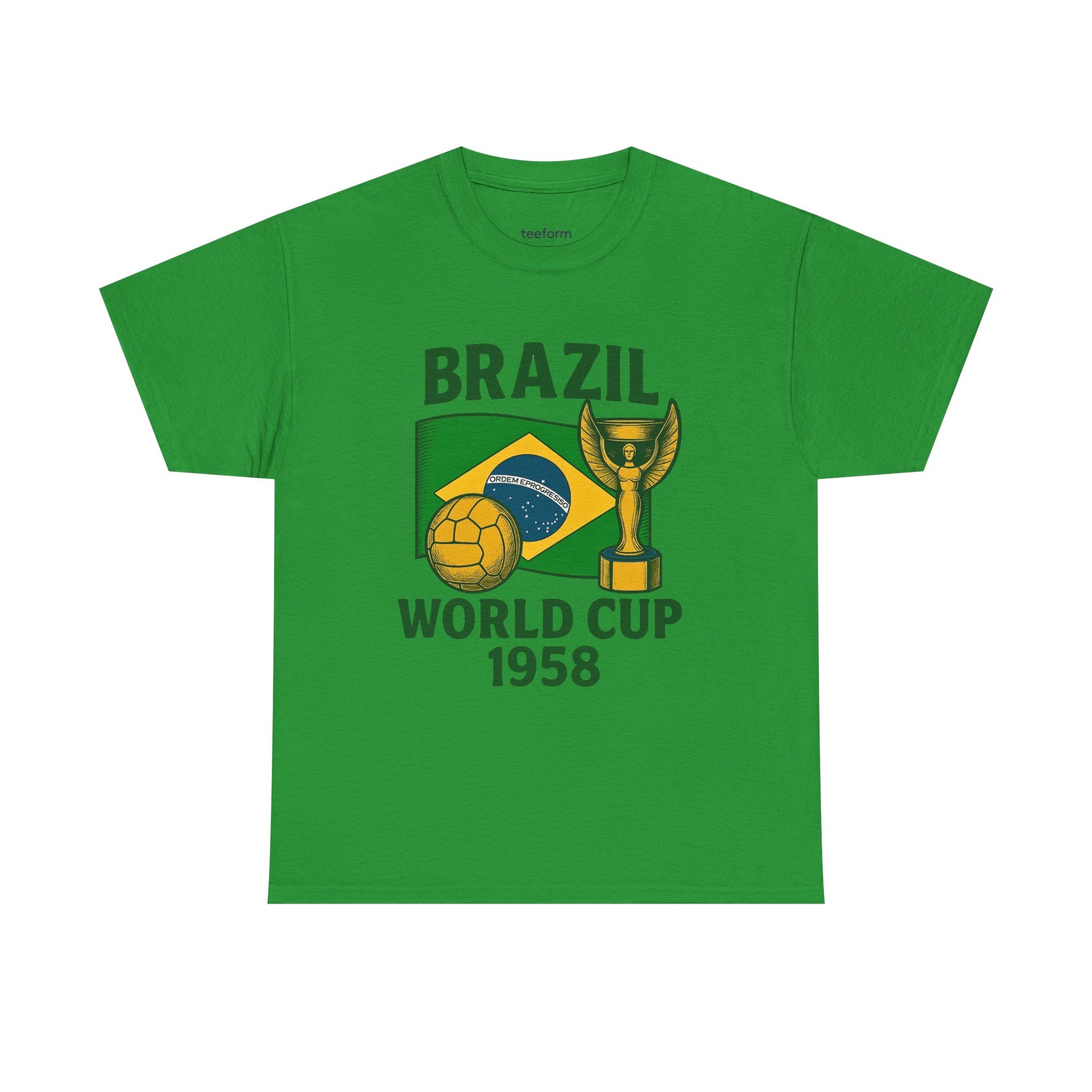 Green Vintage Brazil 1958 World Cup t-shirt with flag, trophy, and soccer ball 