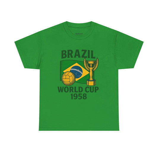 Green Vintage Brazil 1958 World Cup t-shirt with flag, trophy, and soccer ball 