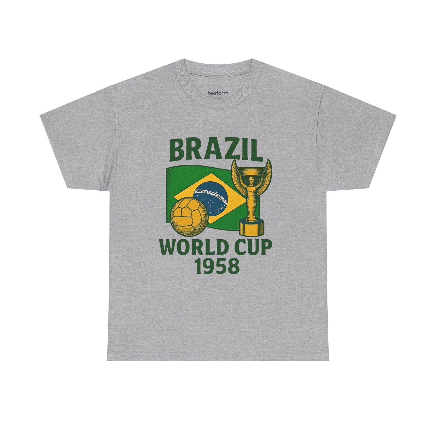 Sports Grey Vintage Brazil 1958 World Cup t-shirt with flag, trophy, and soccer ball 