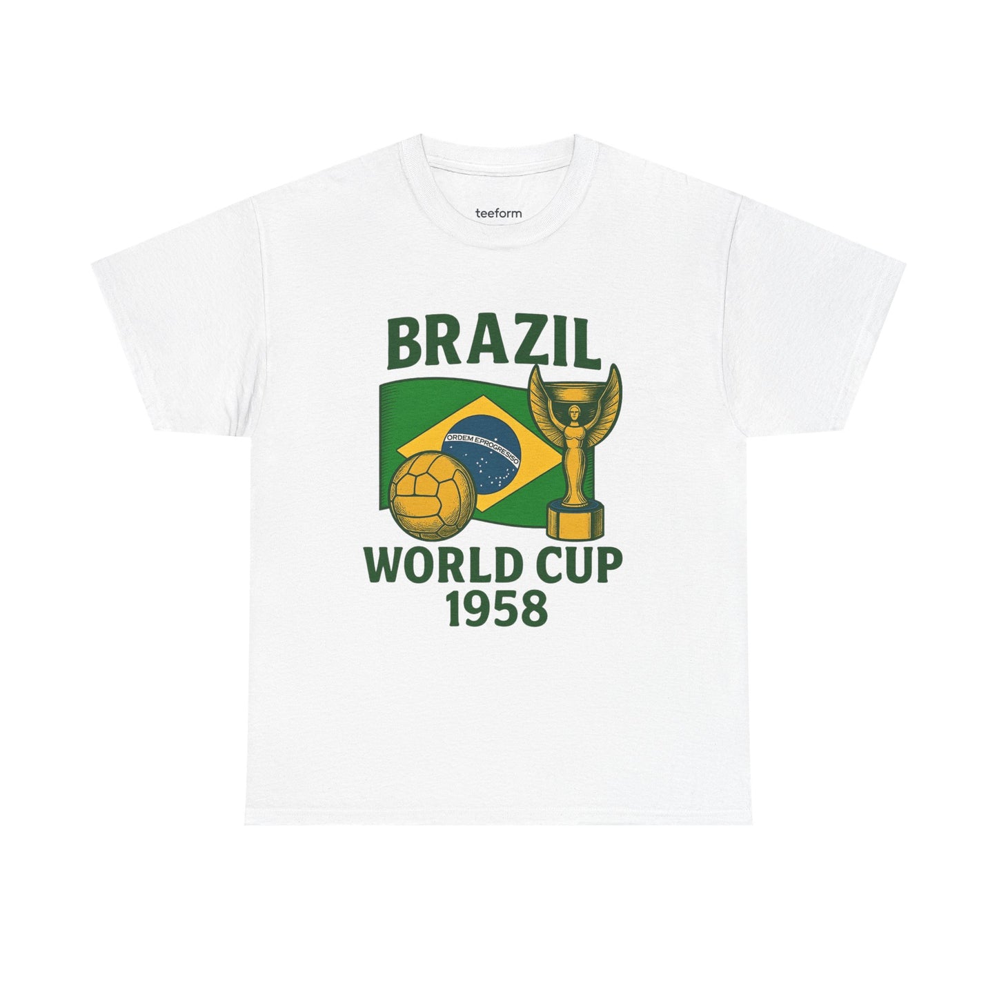 White Vintage Brazil 1958 World Cup t-shirt with flag, trophy, and soccer ball 