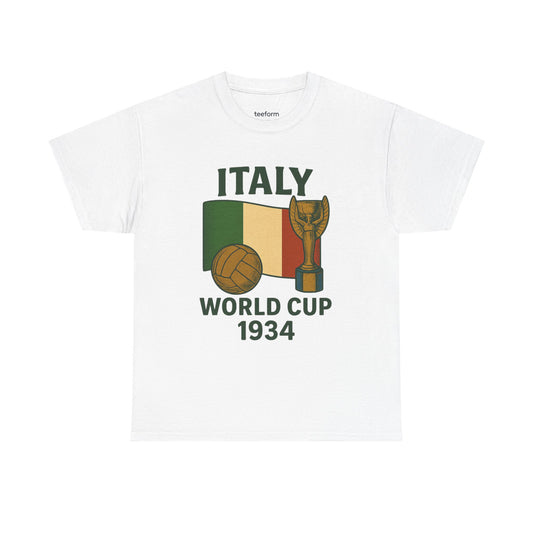 White Italy 1934 World Cup T-shirt with Italian flag, vintage football, and Jules Rimet Trophy design